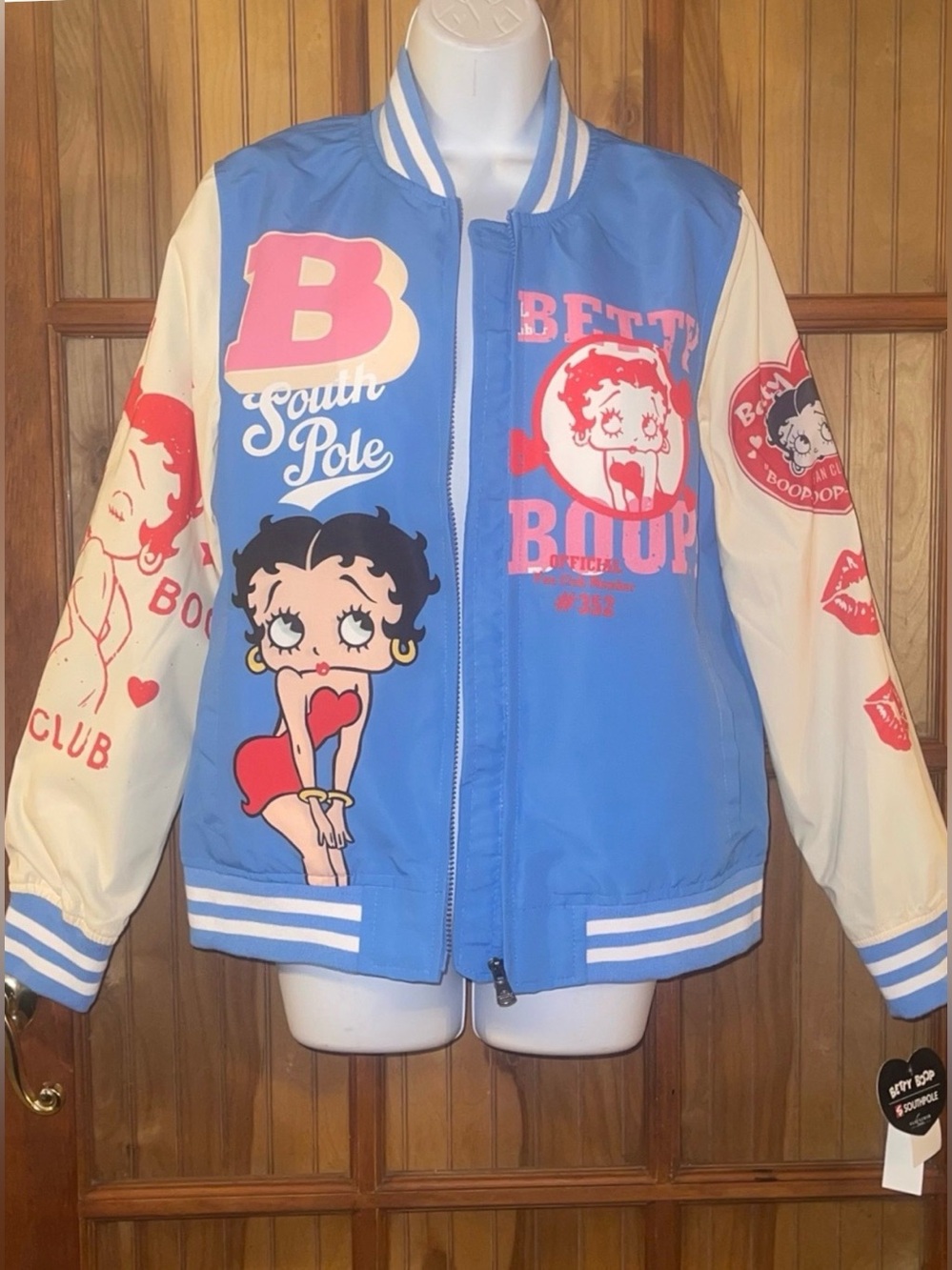 Betty Boop Blue & Cream Graphic Baseball Jacket with Pink Accents